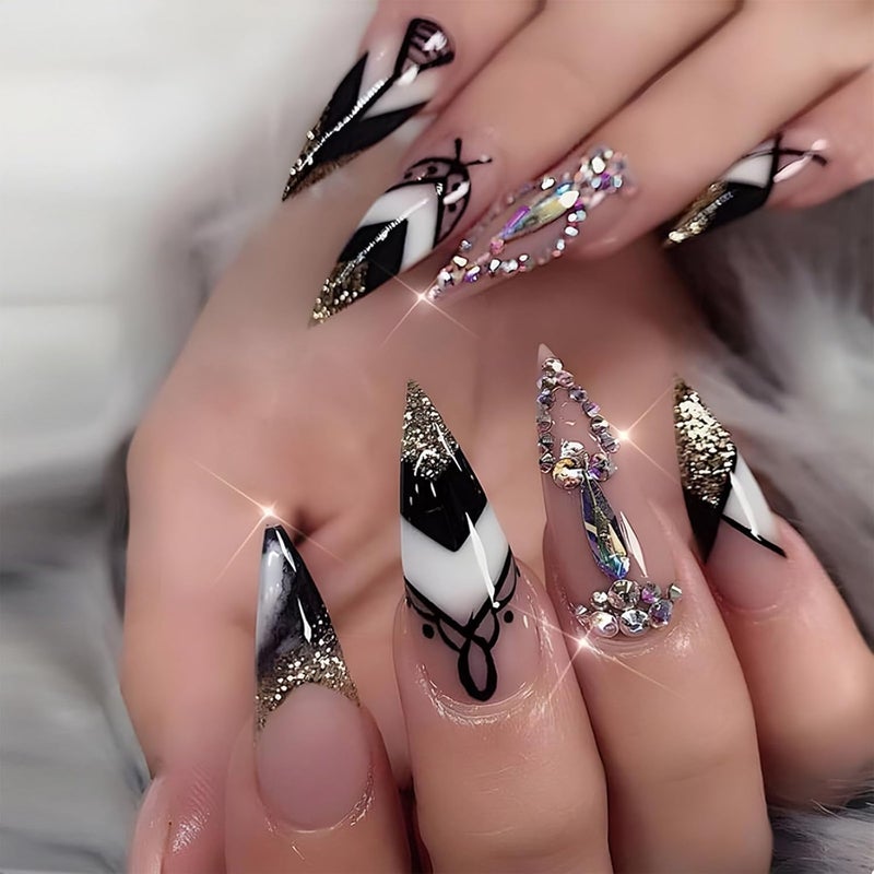 SINHOT Press on Nails Long Stiletto Luxury Rhinestone Fake Nails Glossy Glue on Nail Black Acrylic Nail Almond Bling Gold Glitter Stick on False Nail with Design 24 pcs - Image 1